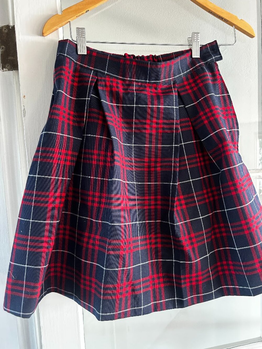 Vintage Red & Navy Plaid Pleated Midi Skirt